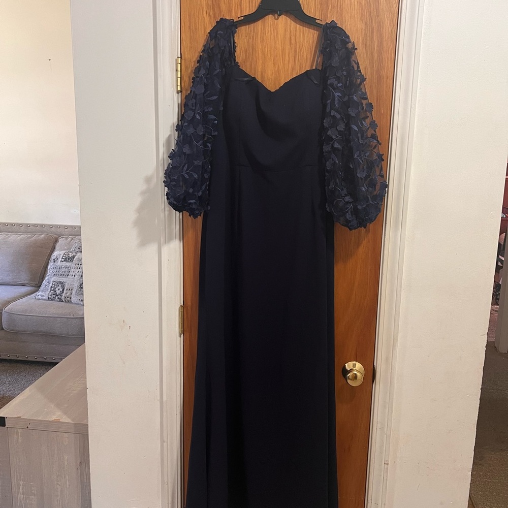 Off the Shoulder 3D Floral Sleeve Scuba Crepe Evening Dress